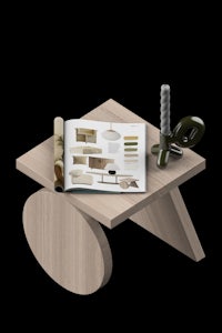 a wooden table with a magazine and scissors