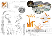 a sketch of a building and various other things