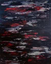 an abstract painting with red, white and black colors
