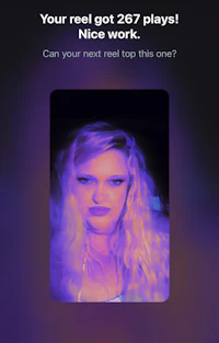 a photo of a woman with purple hair and the text, your reel 256 plays nice work?