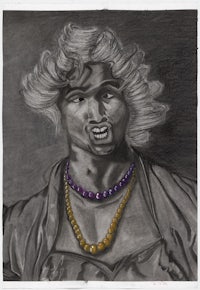 a drawing of a woman with purple necklaces