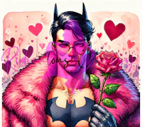 batman holding a rose in front of hearts
