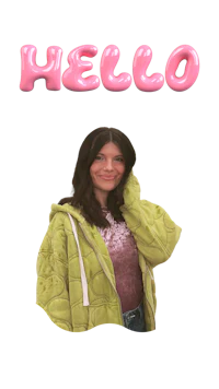 a girl in a green jacket with the word hello on it