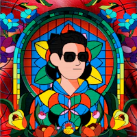 a stained glass with a man in sunglasses