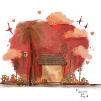 a watercolor painting of a house with palm trees in the background