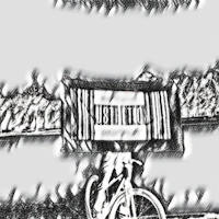 a black and white drawing of a man on a bike