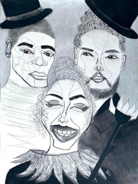 a black and white drawing of three people with top hats