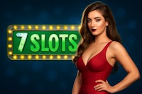 the 7 slots logo with a woman in a red dress