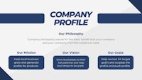 a company profile in blue and white