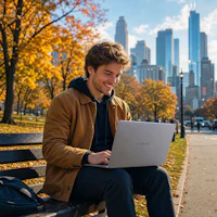 a man sitting on a bench with a laptop