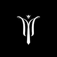 a white logo with a crown on a black background