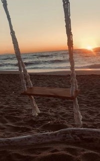 a swing on the beach at sunset