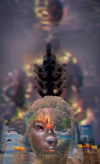 an image of a man with a head on top of a city