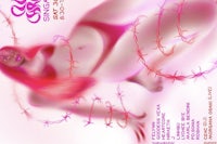 a poster with a woman in pink under a barbed wire