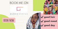 a picture of a woman with dreadlocks and the words book me on gloss genius
