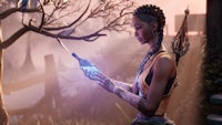 Protagonist, Hazel Flood, holding a bottle from the bottle tree.