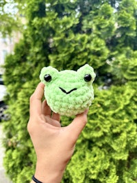 a person holding a green crocheted frog