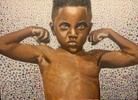 a painting of a boy flexing his muscles