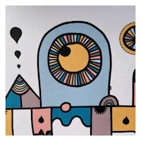 a colorful drawing of a building with a colorful eye