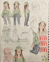 a sketch of a girl in a green hat