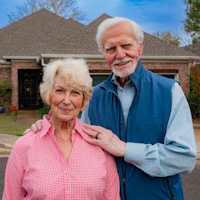 a man and a woman posing in front of a house