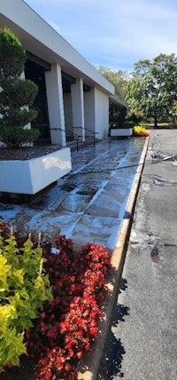 a parking lot with a lot of plants and flowers