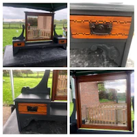 four pictures of a dressing table with a mirror and drawers