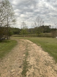 a dirt road leading to a grassy field