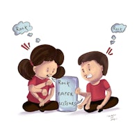 a cartoon of a boy and a girl holding a sign