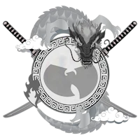 a black and white image of a dragon with two swords