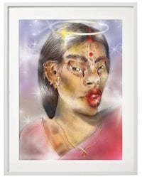 a painting of a woman with an angel on her face