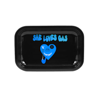 a black tray with a blue heart on it that says she loves gas