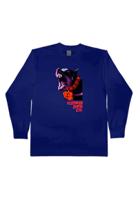 a long - sleeve t - shirt with an image of a dog with its mouth open