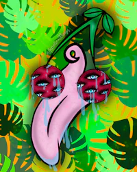 a drawing of a pink cherry on a green background