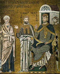 a mosaic depicting a group of men sitting on a throne