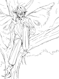 a drawing of a man sitting in a tree