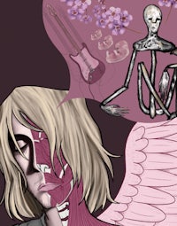a drawing of a skeleton with wings and flowers