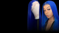 a woman with blue hair is holding a comb