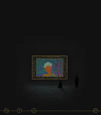 a dark room with two people standing in front of a painting
