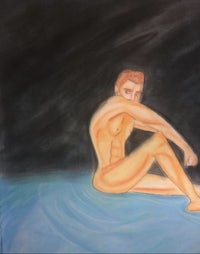 a drawing of a nude man sitting in the water