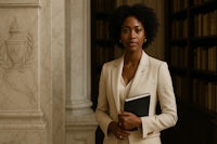 a woman in a white suit holding a book in a library