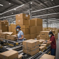 two people working in a warehouse with boxes