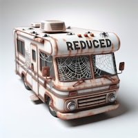 a rusty rv with the words reduced on it