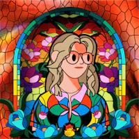 a stained glass image of a woman with glasses
