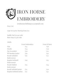 iron horse embroidery price list