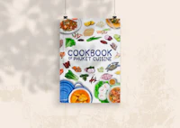 a poster with the words cookbook thai cuisine hanging on a wall