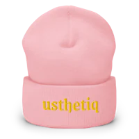 a pink beanie with the word pithesu on it