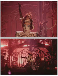 two pictures of a woman in a costume on stage