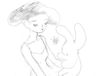 a drawing of a girl holding a stuffed bunny