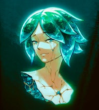 a character with blue eyes and a hat covering his face